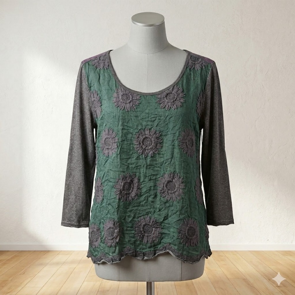 Piazza‎ Roma Green Floral Mixed Media Top Metallic Grey Long Sleeve Size M Boho